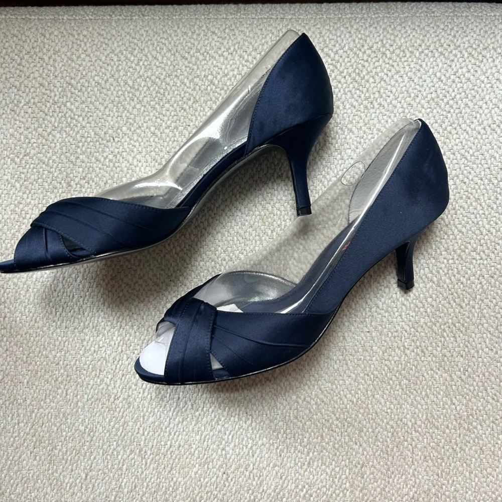 Nina Navy Satin Peep-Toe Heels
